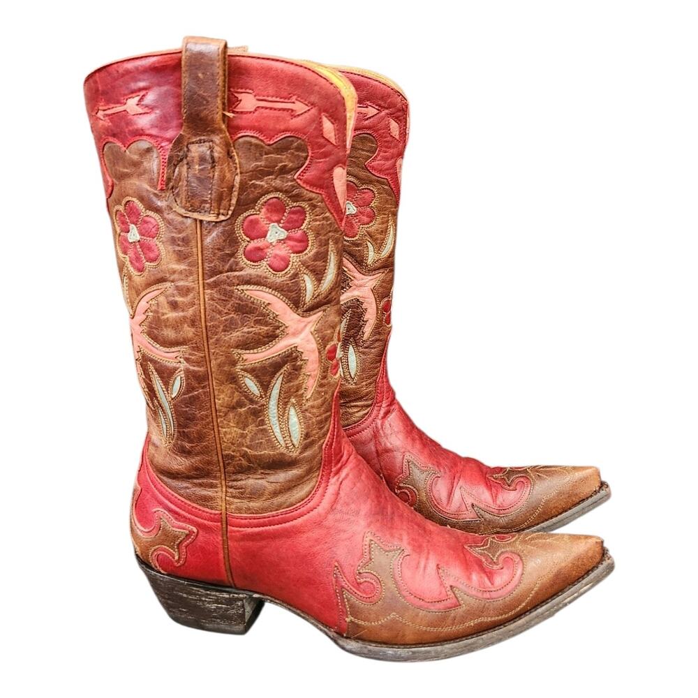 OLD GRINGO Golondrina Bird Floral Red Brown Leather Western Boots, Sz 7.5